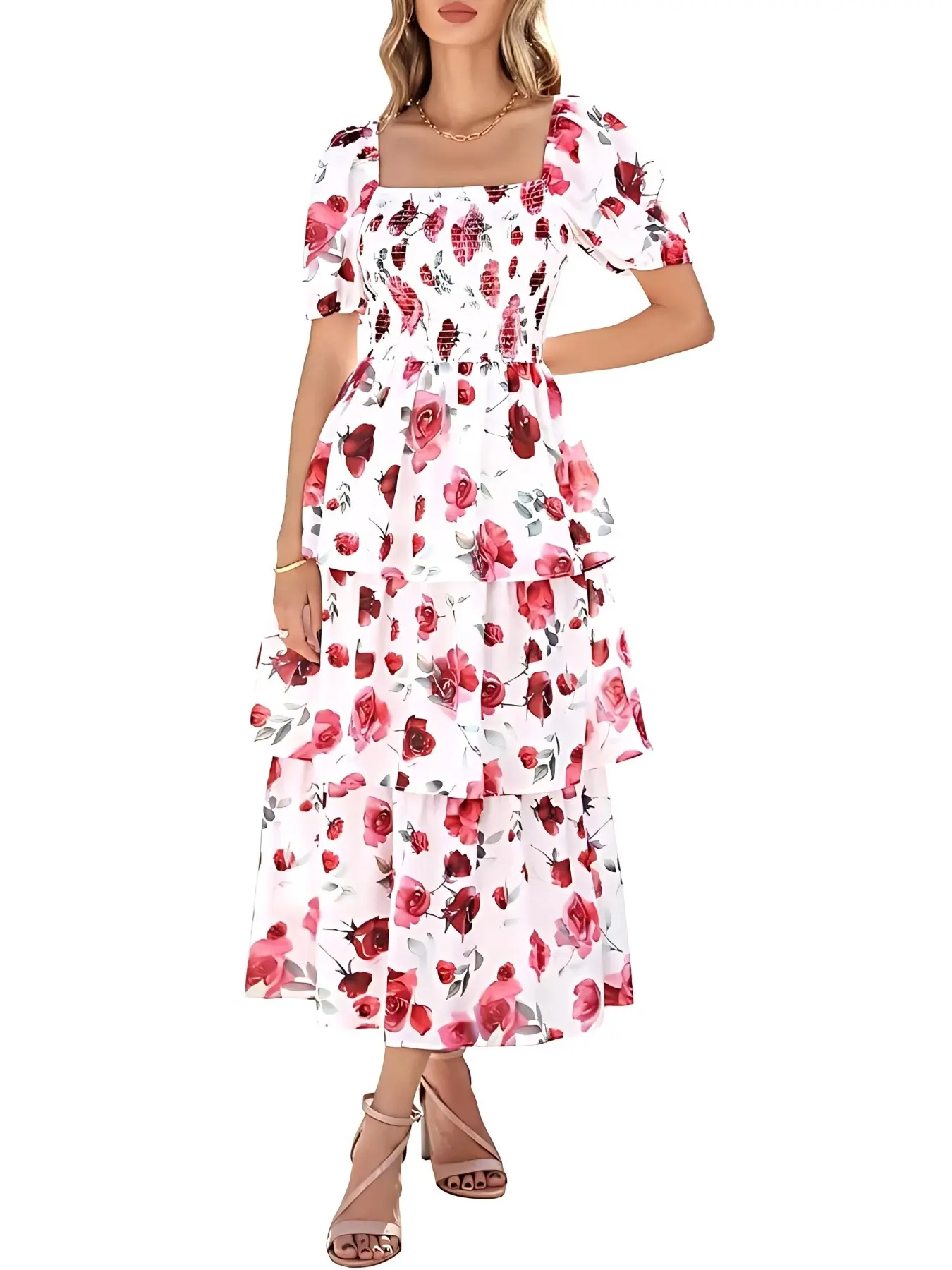 Women's Fashion Casual Gathered Floral Print Layered Cake Dress, Stylish and Comfortable, Perfect for Daily Wear and Special Occasions