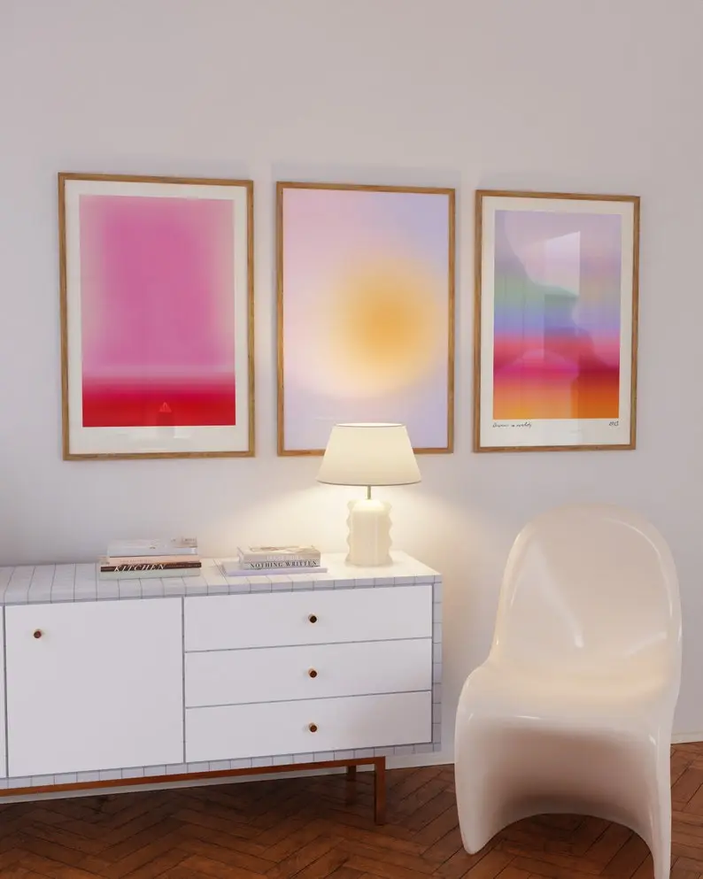Positive Aura Poster Set of 3 Hot Pink Orange Gradient Wall Art Trendy Wall Art Set Colourful College Apartment Decor