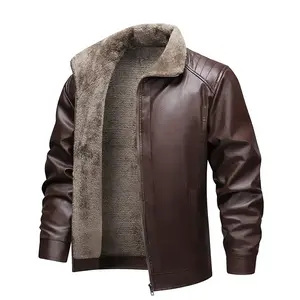 Autumn and Winter Men's Thickened Fleece Lined Leather Jacket Lightweight Business Casual Square Collar Fashion Versatile Leather Coat Beige Stylish BrownGift