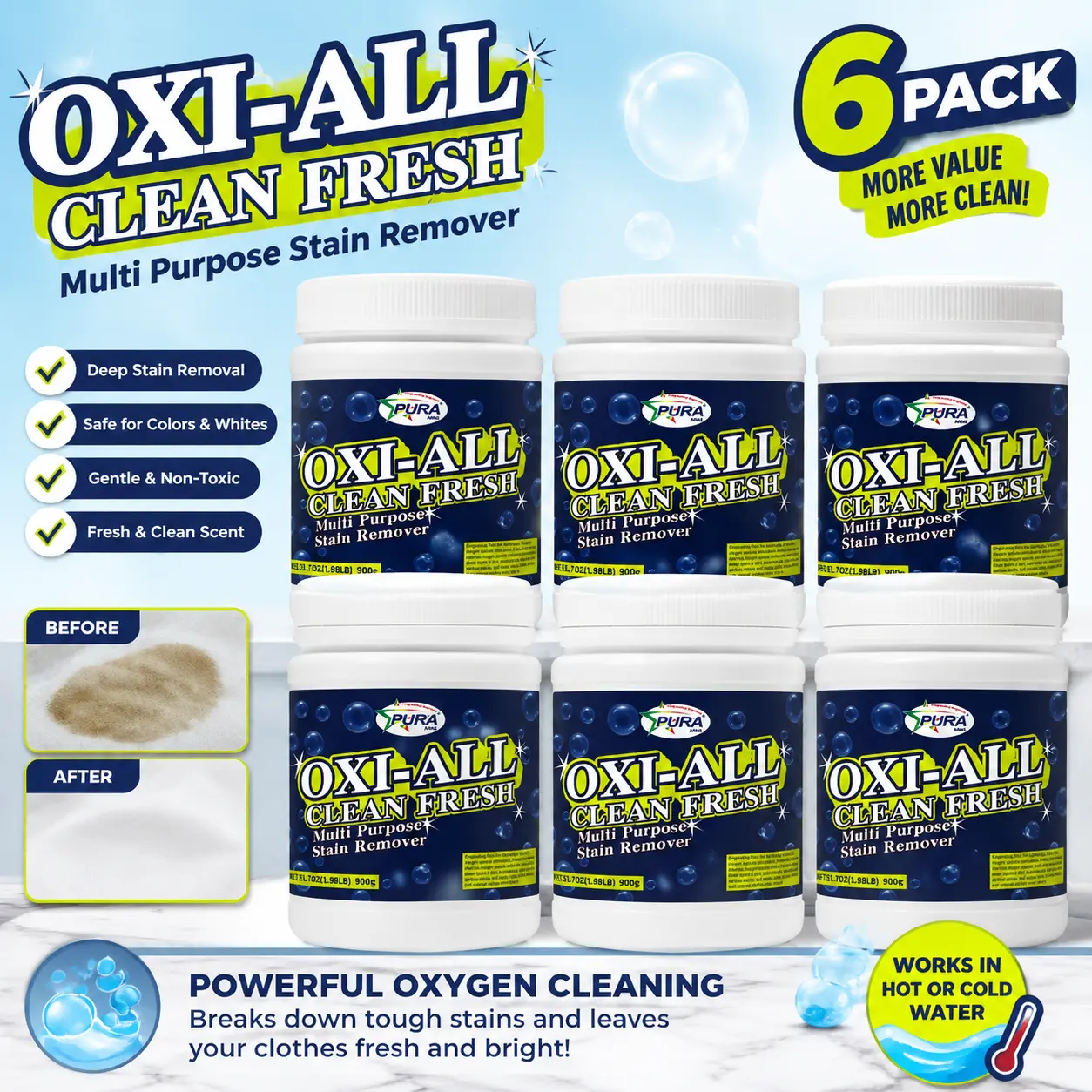 6 Pack PURA MINI OXI-ALL Clean Fresh Oxygen Stain Remover Powder 900g Multi Purpose Laundry Explosive Enzyme Bleach Salt For Baby Clothes Underwear Color Fabric All Washable Garments Household Deep Cleaning Bulk Supply Set