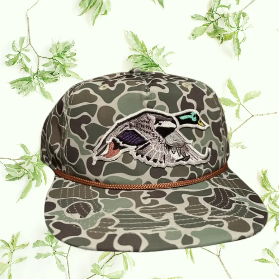 Camo Duck Rope Snapback Hat, Vintage Hunting Cap, Outdoor Streetwear, Unisex Flat Brim Style #hats #caps #smallbusiness #ecommerce #vondutch #truckerhat #camohat #snapback
