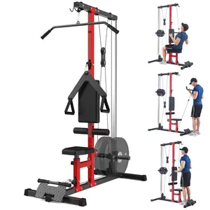LAT Power Cable Machine,LAT Pull Down Machine with High and Low Pulley Station,with Adjustable Leg Support for Home Gym Total Body Training，Black&Red