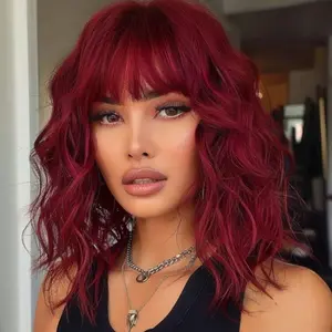 Short Wavy Burgundy Red Wig - 14 Inch Bob Wig with Bangs for Women Curly Shoulder Length Bob Wig with Bangs Soft Synthetic Hair Wigs for Girls Daily Party Use