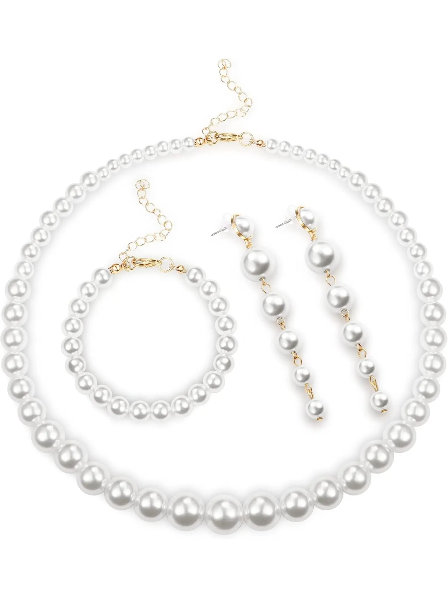 Elegant 4 Pcs White Faux Pearl Necklaces Stylish Long Earrings Bracelet Set for Women Wedding Bridal Engagement Parties Accessories Set Costume Jewelry Set