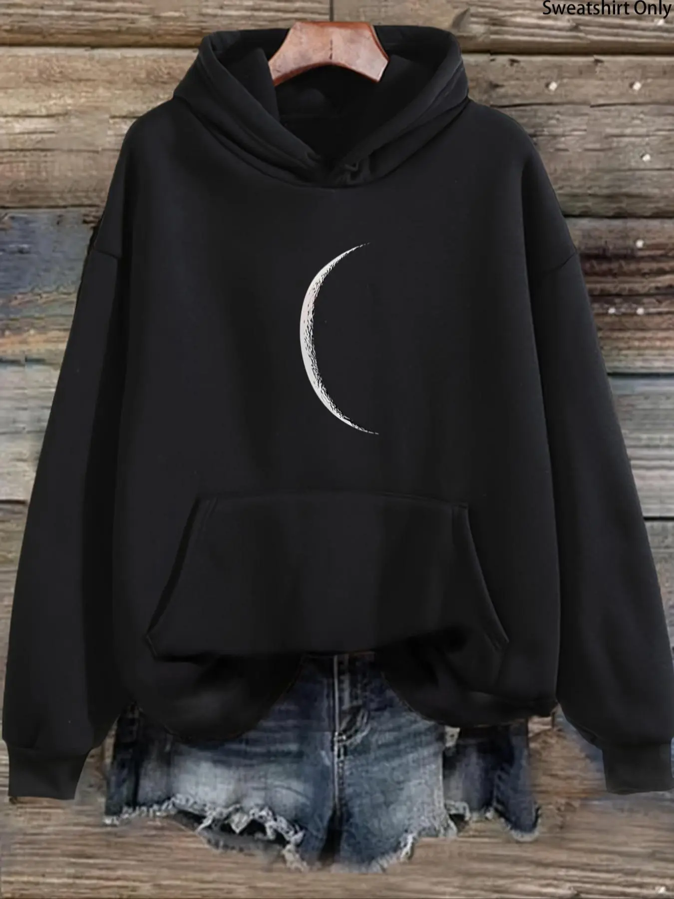 Women's Moon Print Drawstring Pocket Hoodie, Casual Long Sleeve Hooded Sweatshirt for Fall & Winter, Women's Clothes for Daily Wear