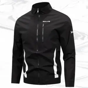 A men's stand collar jacket suitable for wearing during the autumn chill, featuring a personalized sporty style with a black base color that highlights individuality. The stand collar design adds a casual feel, while the double zipper design is unique wit