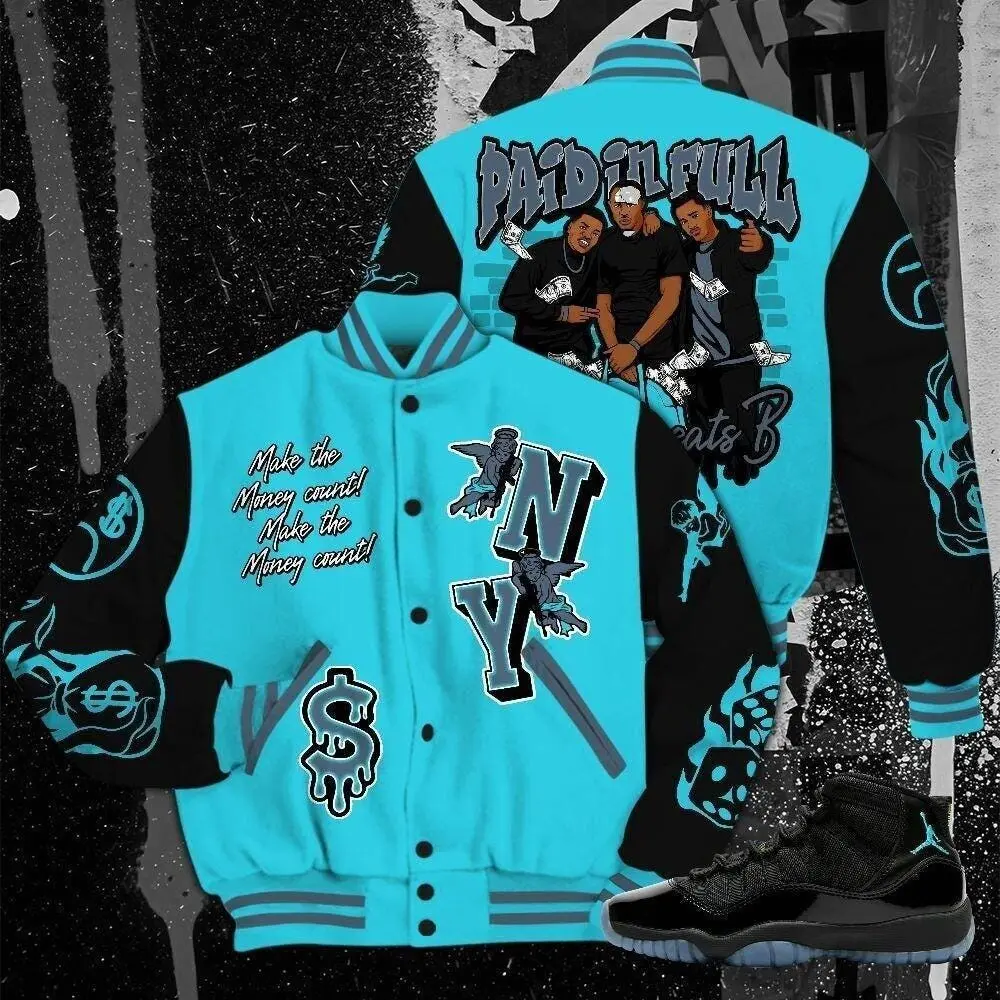 Printed Varsity Jacket To AJ11 Gamma Blue, Paid In Full Money Graphic