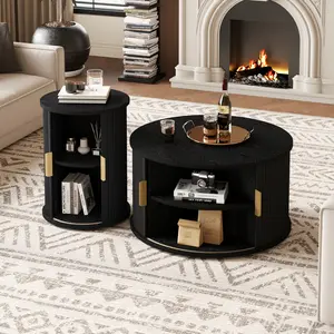 Mid-Century Coffee Table Set with Sliding Tambour Door, Round Fluted End Table With Storage, Golden Handle Tall & Low Side Table with Wooden Finish for Living Room, Set of Two