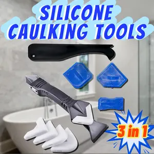 3 in 1 Silicone Caulking Tools（Stainless Steelhead）, Sealant Finishing Tool Grout Scraper, Reuse and Replace 5 Silicone Pads, Great Tools for Kitchen Bathroom Window, Sink Joint