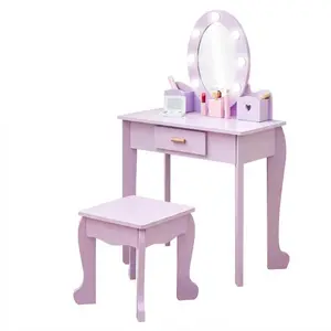 Garvee Wooden Vanity Set with Illuminated Mirror, Makeup Playset, Table and Chair/Stool Combo in Purple, Pink, and White - Suitable for Ages 4-9, Batteries Not Included