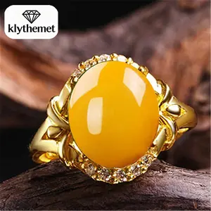 women Ethnic Style Inlaid Amber Ring Chicken Oil Yellow Chalcedony Open Ring Elegant Yellow Gemstone Ring