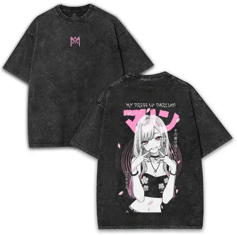 Marin Kitagawa My Dress-Up Darling Oversized Washed Tee 260GSM With Pink Sakura Anime Back Art | Cute Waifu Collector Shirt Cotton Streetwear Unisex couple T-shirts,men's t shirts,graphic shirts,humor graphic tee,cotton graphic tees, funny graphic tee