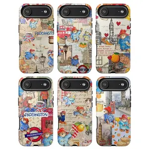 Vintage Paddington Bear Tough Phone Case | London Collage Aesthetic Cute Teddy Bear Cover for iPhone 11, 12, 13, 14, 15, 16, 17 Pro Max Plus. Perfect Cute Gift.