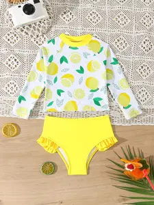 Fruit Print Round Neck Long Sleeve Swimsuit Set, Pure Color Pleated Bikini Two-Piece, Swimwear Sets, Swimwear Outfits, Summer Beach Vacation, Cute Kids Swimwear Gift Option