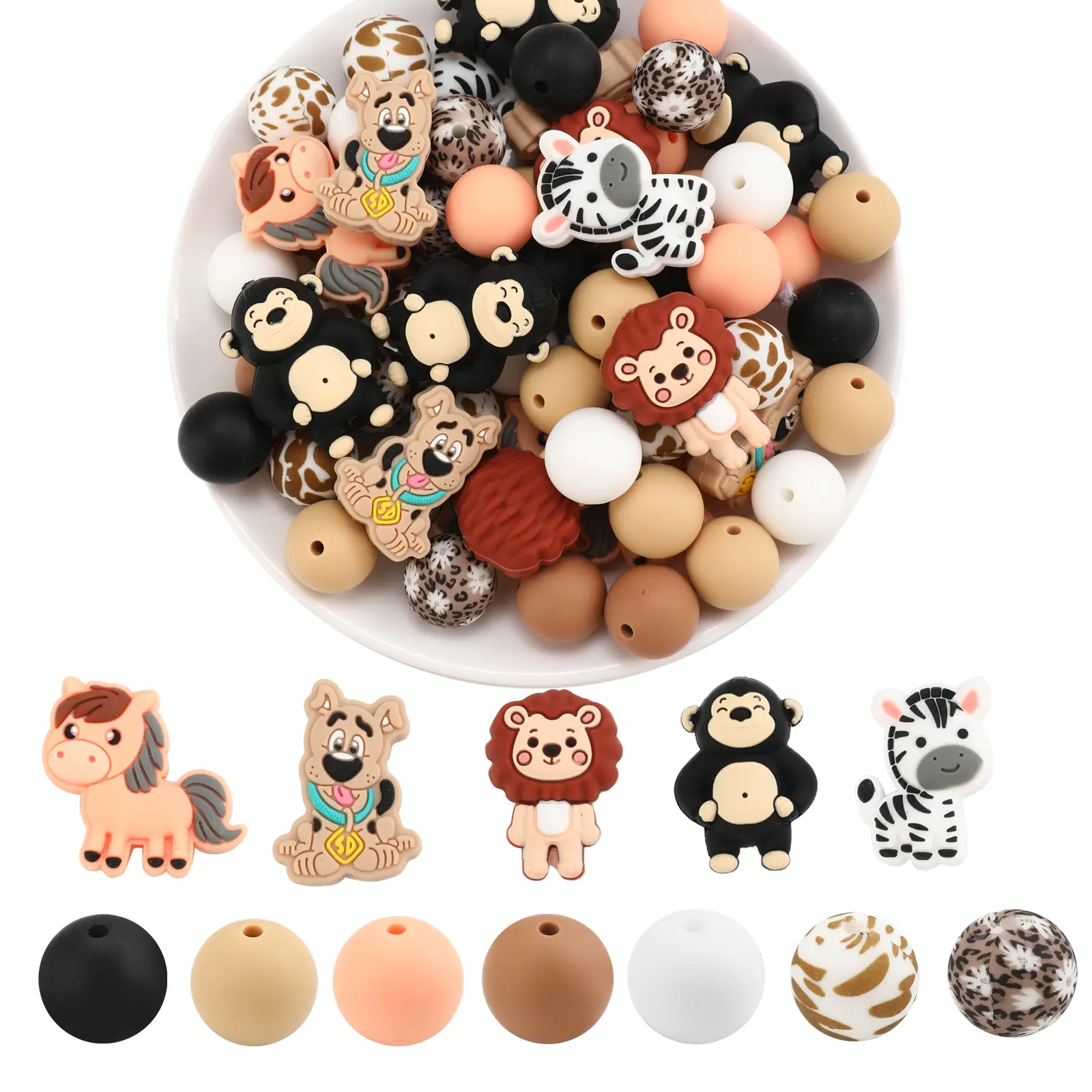 65pcs 15mm Cute Animal-Theme Soft Silicone Focus Beads, Jewelry Making Supplies for Beads Making, DIY Projects, Necklace, Keychain Decorations