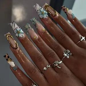 SHEDARES Coasta Safari – Handmade Press-On Nails with 3D Floral Accents, Zebra Print, Shell Details & Gold Chrome Frame – Perfect for Vacation, Summer Glam & Statement Looks