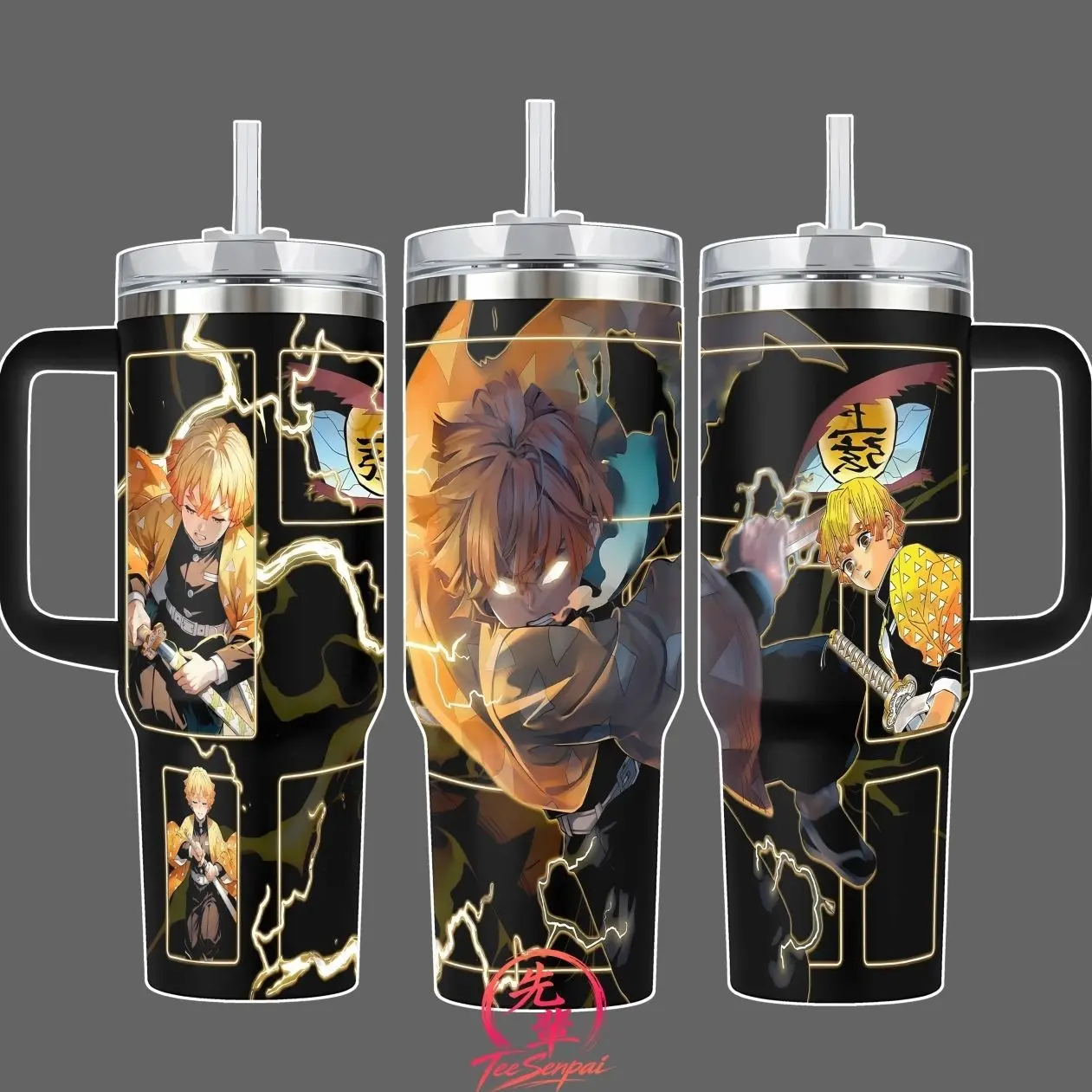 Zenitsu Agatsuma Demon Slayer Thunder Breathing Stainless Steel Insulated Travel Tumbler With Handle 20oz 40oz Anime Lightning Wrap Design Skinny Tumbler