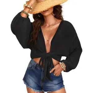 Women's Black Swimwear Cover Ups Tops Bikini Bathing Suit Long Sleeve Soft Beach Shirt for Women Fitted Minimalist Womenswear Blouses Cotton Crop