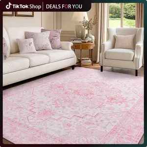 Vintage Bohemian Style Rug Non-Slip TPR Backing Pink Area Rug, Ultra-Thin Low Pile Area Rug Machine Washable Easy Clean Boho Rug, Soft Floor Mat Large Carpet for Home Living Room Bedroom Nursery Room Decor, Thanksgiving Day Christmas Decor