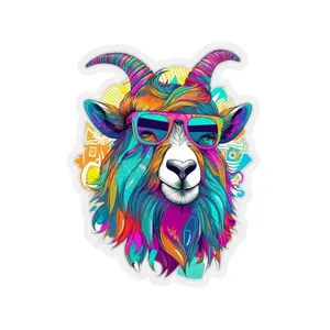 Waterproof Vinyl Sticker - White 2" - Hippy Goat Sticker - Colorful Abstract Art - Psychedelic Kiss-Cut Vinyl Stickers