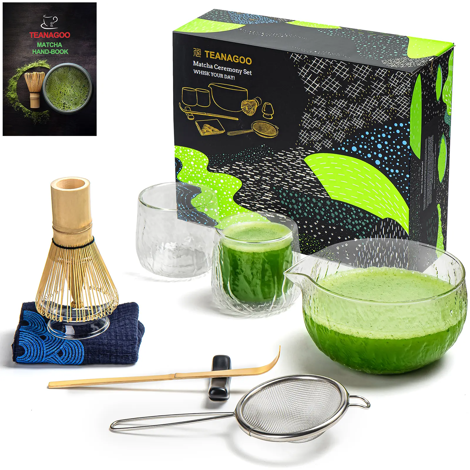 TEANAGOO 9-Piece Matcha Set – Premium Glass Matcha Tea Set with Bamboo Whisk, Whisk Holder, Scoop, and Bowl – Complete Japanese Matcha Ceremony Kit – Ideal for Making Matcha for Breakfast, Afternoon Tea, or as a Gift for Matcha Enthusiasts and Tea Lovers