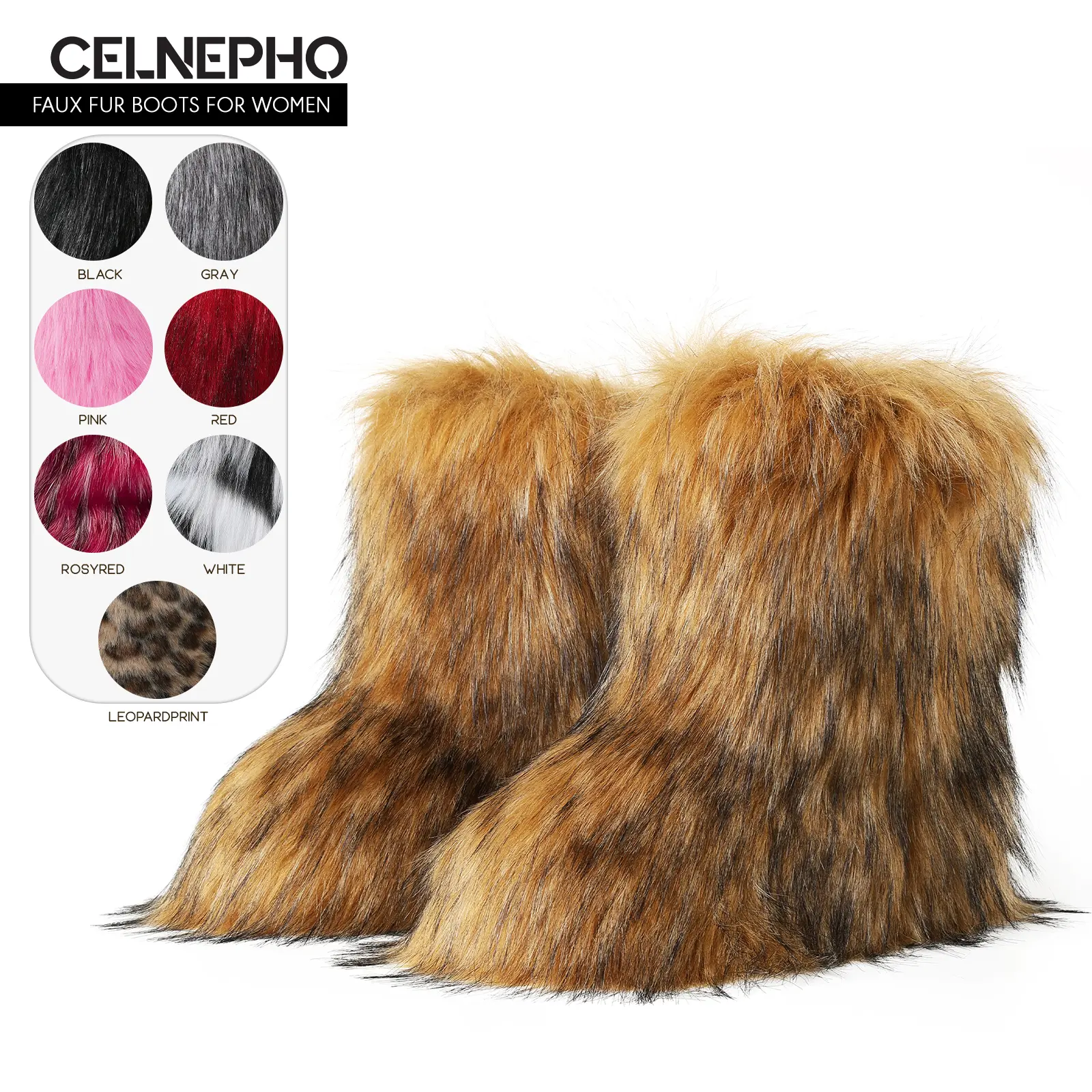 CELNEPHO Faux Fur Boots for Women Round Toe Flat Heel Mid Calf Boot Fuzzy Fluffy Easy Pull on Warm Indoor Comfortable Snow Booties Chilly Day Booty Gift Casual Work Daily Wear Trendy Fashionable Dress Shoes Deals For You Days
