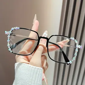 Ladies' Fresh Pearl Metal Frame Reading Glasses, Anti-Blue Light Rectangular Reading Glasses, Best Choice for Reading Books, Mobile Phones, and Gifts