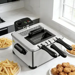 5L Large Capacity Deep Fryer (3 Baskets Total) | Stainless Steel | Cook Fries/Chicken at Once | Cool-Touch Handles & Easy Clean for Family/Parties