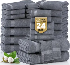 LANE LINEN 100% Cotton Bath Towels Set - 24 PCs - Durable, Quick Dry, Super Soft & Highly Absorbent - 4 Bath, 4 Fingertip, 6 Hand Towels, 8 Washcloths, 2 Bath Sheets - Perfect Family Set - Cool Grey