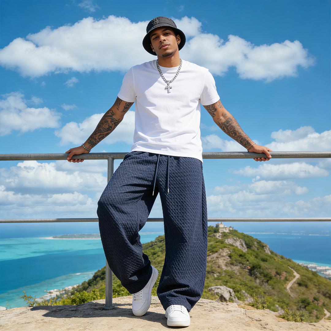 Plus-size men's straight-leg twill jacquard casual trousers, street style loose wide-leg athletic pants