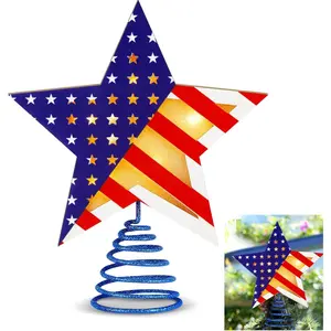 9.2 x 7.8 Inch Patriotic Wooden Star Tree Topper Red White Blue with LED Light for 4th of July 250th Independence Day Party Decor Tabletop Display Birthday Gift
