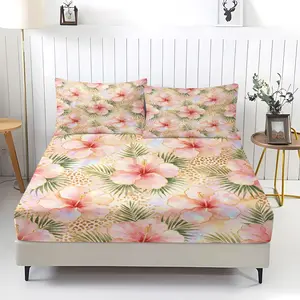 3Pcs Tropical Palm Leaf Printed Fitted Sheet Set, Boho Style Bedding Set, Soft and Breathable Fabric, Deep Pocket Design, Easy to Clean, Suitable for Bedroom Decoration