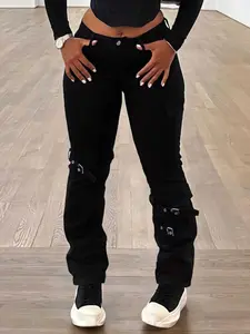 Pure Side Flap Pocket Elastic Workwear Jeans, Streetwear, Women's Denim Jeans, Comfortable and Stylish Fit, Perfect for Everyday Wear