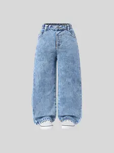 Girls' Y2K Style Elastic Waist Straight Leg Jeans, Flat Pocket Design, Perfect for School & Casual Wear, Daily Inspiration