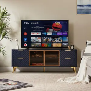 Deluxe Sculpted Modern Fashion Geometric Style TV Stand, Aluminum Frame Tempered Glass Door 4 Drawer Chest with Adjustable Metal Feet ,Dark Blue,59.9"L x 15.7"W x 21.7"H (High end and high-quality)