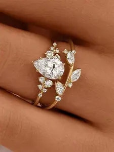 2 Pcs/Set Pretty Cubic Zirconia Marquise Engagement Ring For Women For Wedding Engagement Anniversary Party Jewelry Valentine's Day Gift