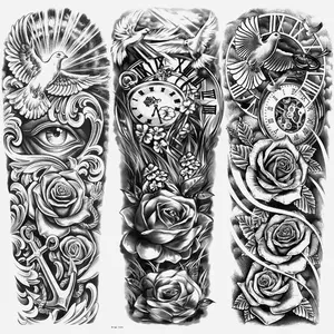 Peace Dove & Rose Compass Clock Temporary Tattoo Stickers, Waterproof Full Arm Design, Perfect for Halloween Parties, Unisex Body Art