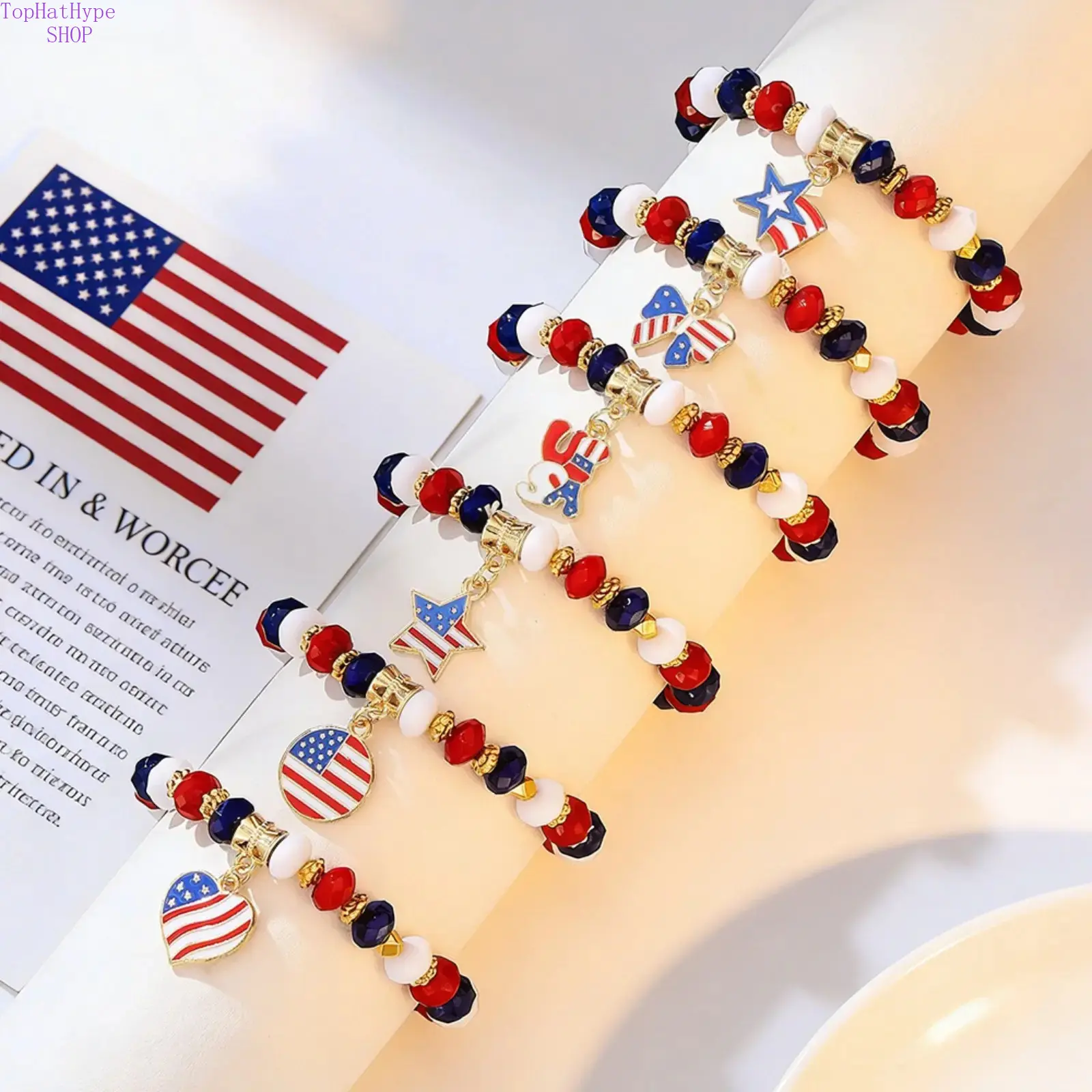 Women’s Independence Day Patriotic Flag Stackable Bracelet Set, Layered American Flag Pendant Bracelets, Trendy Versatile Fashion Jewelry for Daily Casual Wear, Holiday Parties & Special Occasion Gift‑Giving