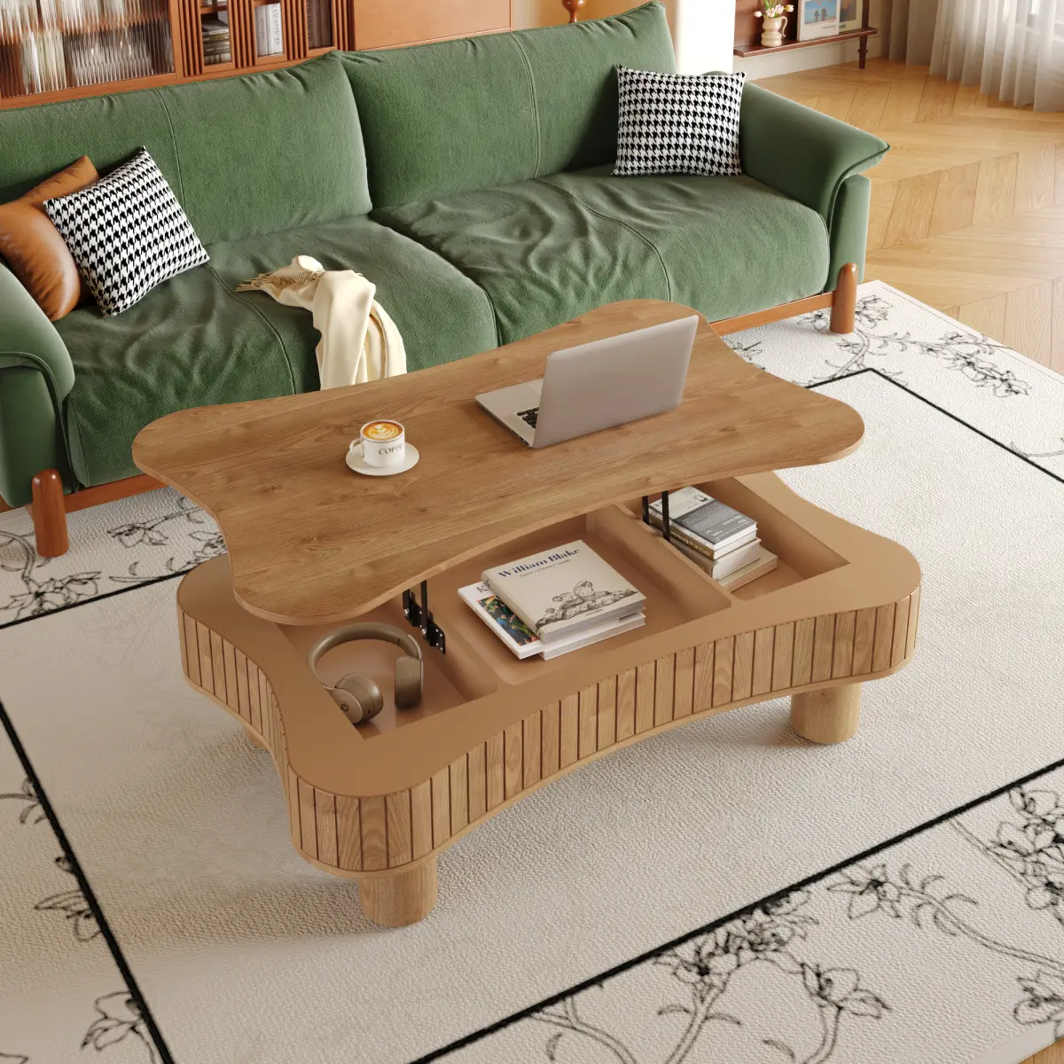Light Brown +Lift Top Coffee Table + Solid Wood+MD