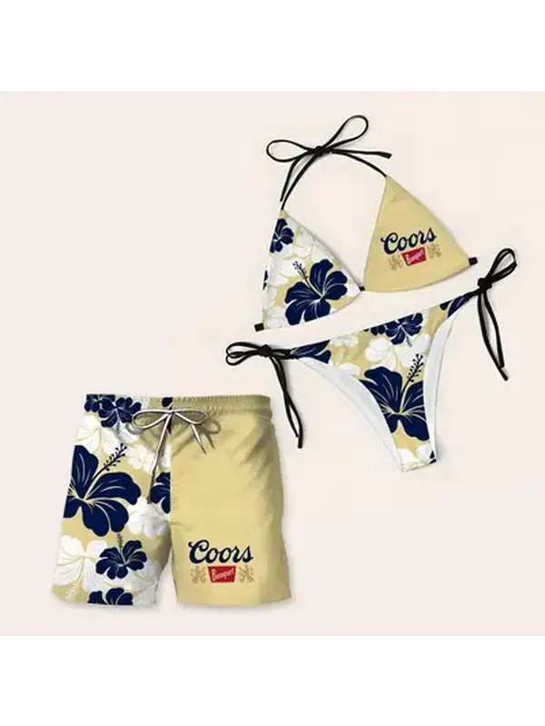 Collection Coors Swimsuits For Couples - Swim Bra & Tie Side Thong Bikini + Men's Beach Shorts, Summer Vacation Swimsuit, Hawaiian Short "