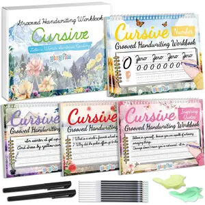 4-Pack Grooved Cursive Handwriting Workbook Kit - Magic Reusable Practice Set with Disappearing Ink Pens, Kids' Learning Materials (Numbers, Poems, Jokes, Riddles, Inspiring Quotes)