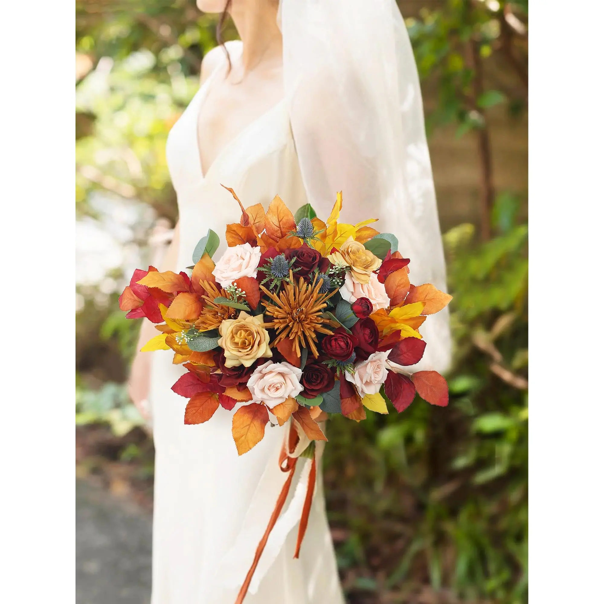 Rinlong 16x16 in Silk Burnt Orange & Red Bridal Bouquet - 16 in H x 16 in W Flowers with Pink Roses, Dusty Blue Thistle, Rustic Boho Vintage Wedding Decor Supplies