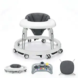 PRVAETU Foldable Baby Walker with Wheels,Height Adjustable,Large Dining Tray,Dust-Resistant Foot Pad,for 6-18 Months Infant,Grey