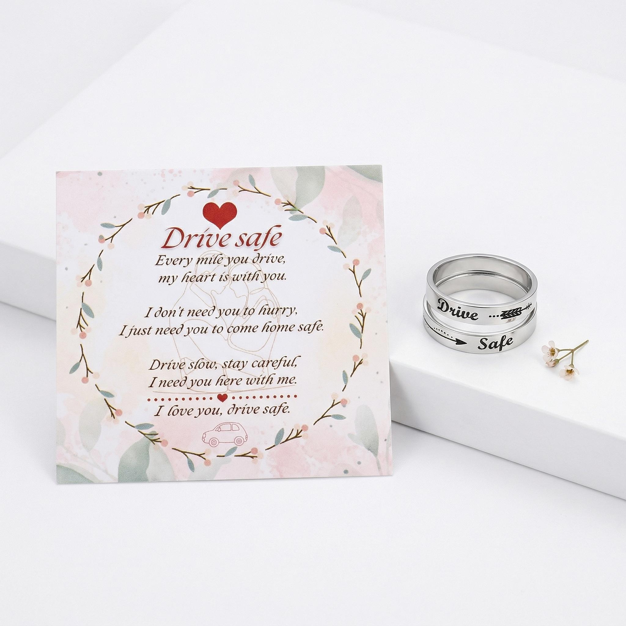 “Drive Safe”Stainless Steel Ring with Sentimental Message Card Couple Promise Ring Gift for Boyfriend Girlfriend Anniversary Birthday Jewelry,0.74 inch