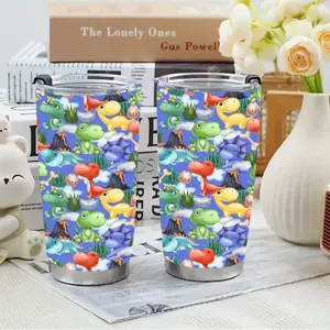 1pc 20oz Stainless Steel Tumbler, Cute Cartoon Dinosaur Print, Double Wall Vacuum Insulated Travel Mug with Lid, Reusable, with Lid for Adults, Ideal for Holidays - Easter, Halloween, Christmas, Hanukkah, Thanksgiving