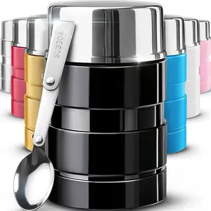Stainless Steel Thermo For Hot & Cold  17OZ with Folding Spoon, Vacuum Insulated  Container, Soup Thermo with Wide Mouth, Insulated  Jar, Glossy Black