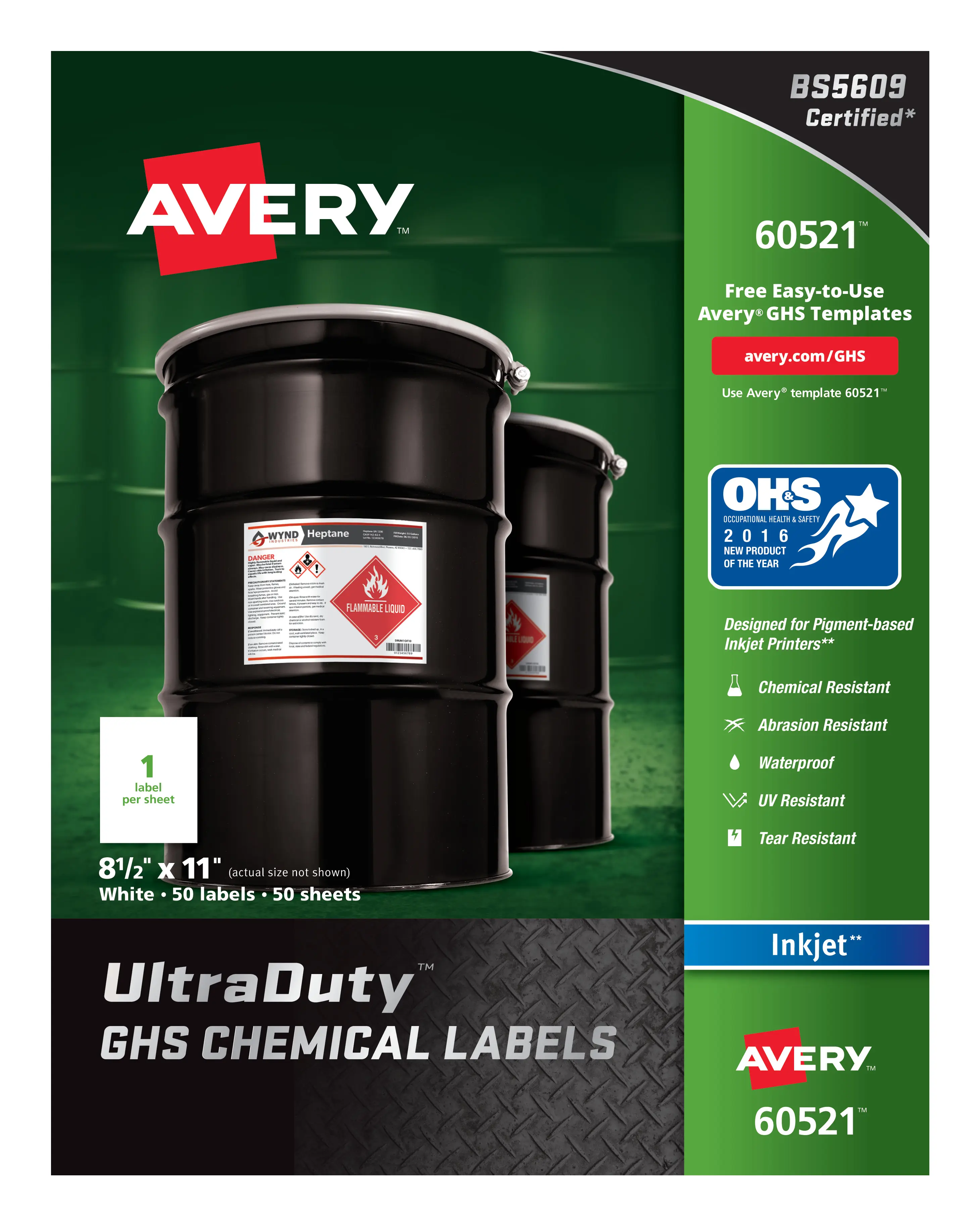 Avery UltraDuty GHS Chemical Labels for Pigment Inkjet Printers, Waterproof, UV Resistant, 8-1/2" x 11", 50 Labels (60521)