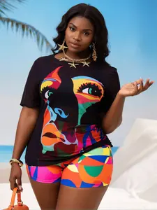 Lilas  Swim Collection  Plus Size Abstract Face Print 2‑Piece Swimsuit  Sheer Mesh Short Sleeve Cover‑Up Top + Colorful High Cut Shorts  Stretchy High‑Elastic Fabric  Curvy Women's Swimwear  Viral TikTok 2026 Trendy Bathing Suit
