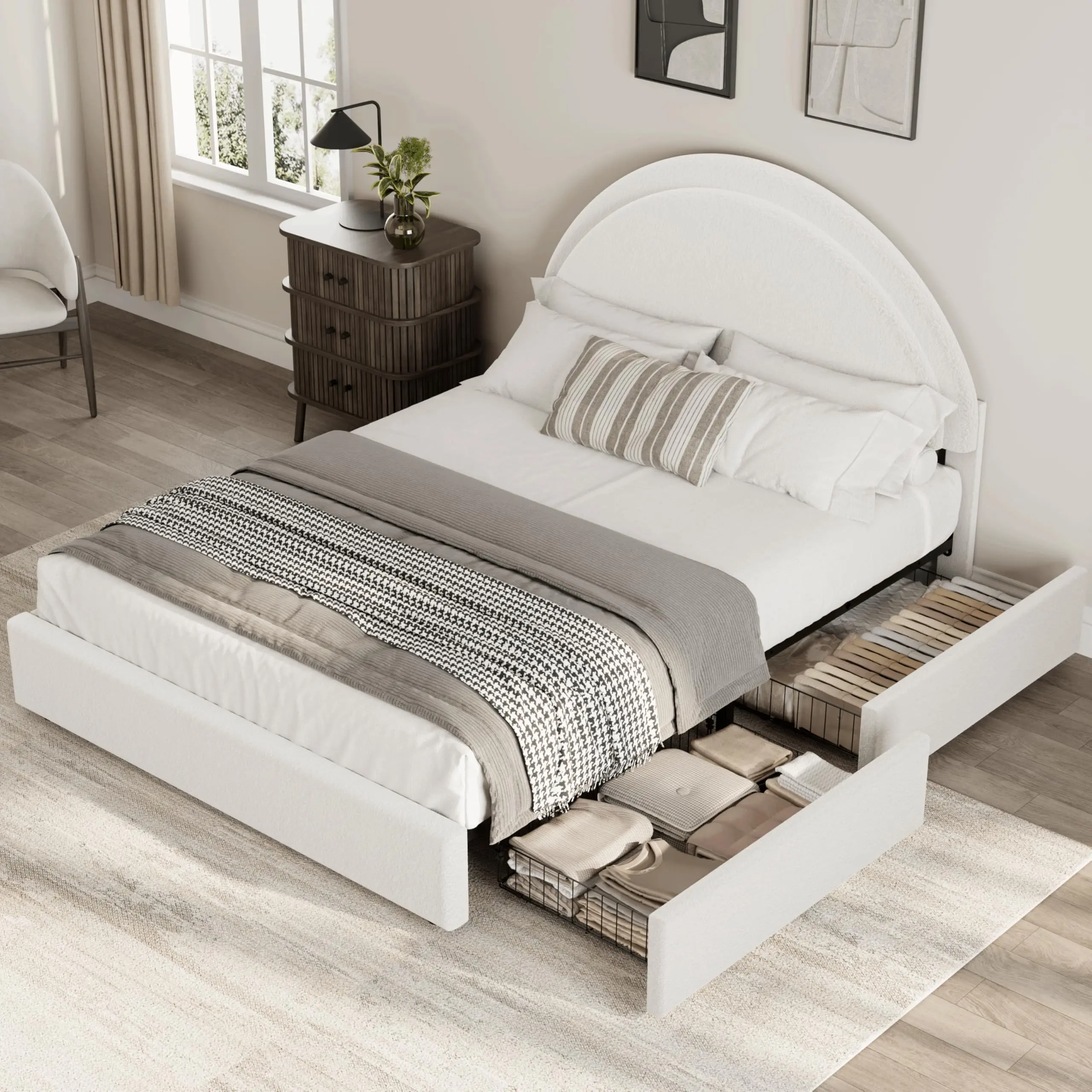 Garvee Upholstered Boucle Platform Bed Frame with Storage Drawers and Round Headboard, Heavy Duty, Noise Free, No Box Spring Needed, Full Size Bed