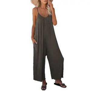 Spaghetti Strap Wide Leg Jumpsuit with Pockets Loose Fit Casual Summer lady Outfit  activewear